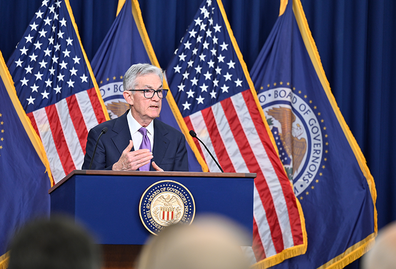 Jerome Powell addresses members of media at Fed Reserve January 2024 meeting